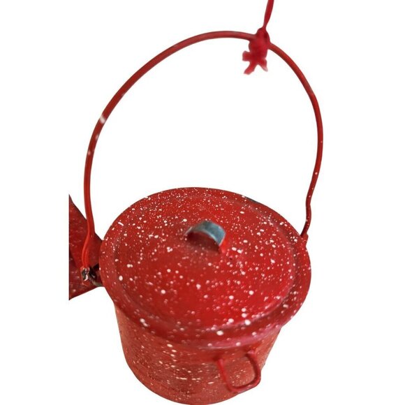 Set Of 2 Miniature Red Speckled Metal Campfire Coffee Pot & Pail Ornament Decor - Picture 3 of 8